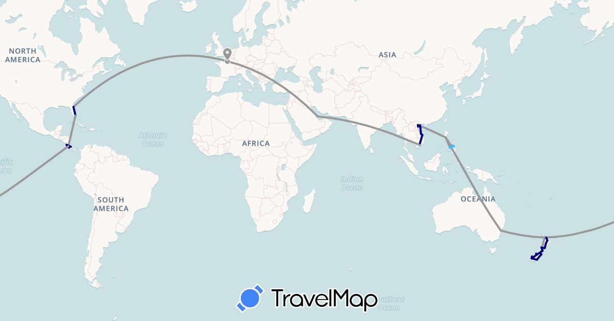 TravelMap itinerary: driving, plane, boat in Australia, Costa Rica, France, New Zealand, Philippines, Qatar, United States, Vietnam (Asia, Europe, North America, Oceania)